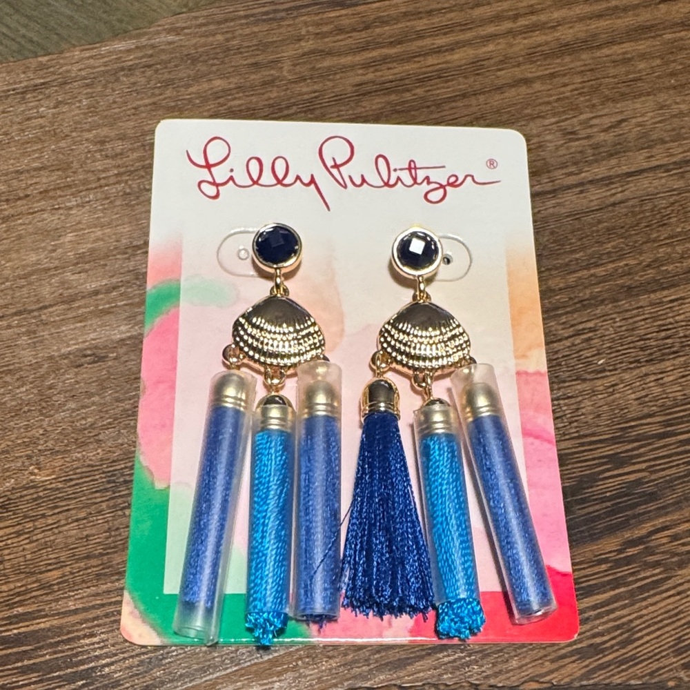 Lilly Pulitzer Gold and Blue Tassel Tube Drop Earrings (BR444) - Picture 2 of 4